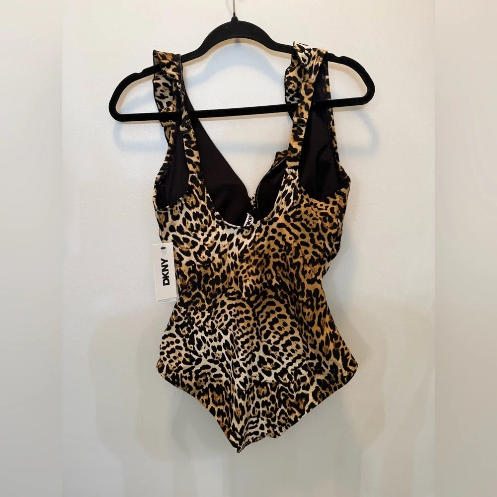 DKNY Jaguar Print One-Piece Ruffle  V-Neck Swimsuit - Size M‎